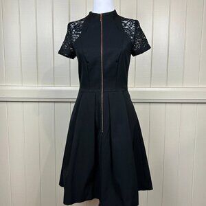 Cue Women's  Black Short Lace Sleeve Zip Front Knee Dress